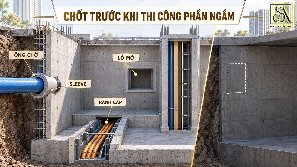 Phối hợp ống chờ sleeve rãnh cáp và lỗ mở trước khi thi công phần ngầm